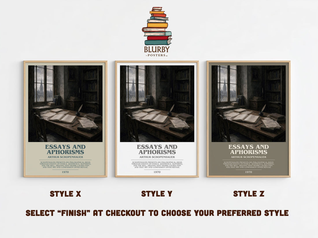 Essays and aphorisms bookish print in frame leaning in hallway – philosophy wall art (mockup)