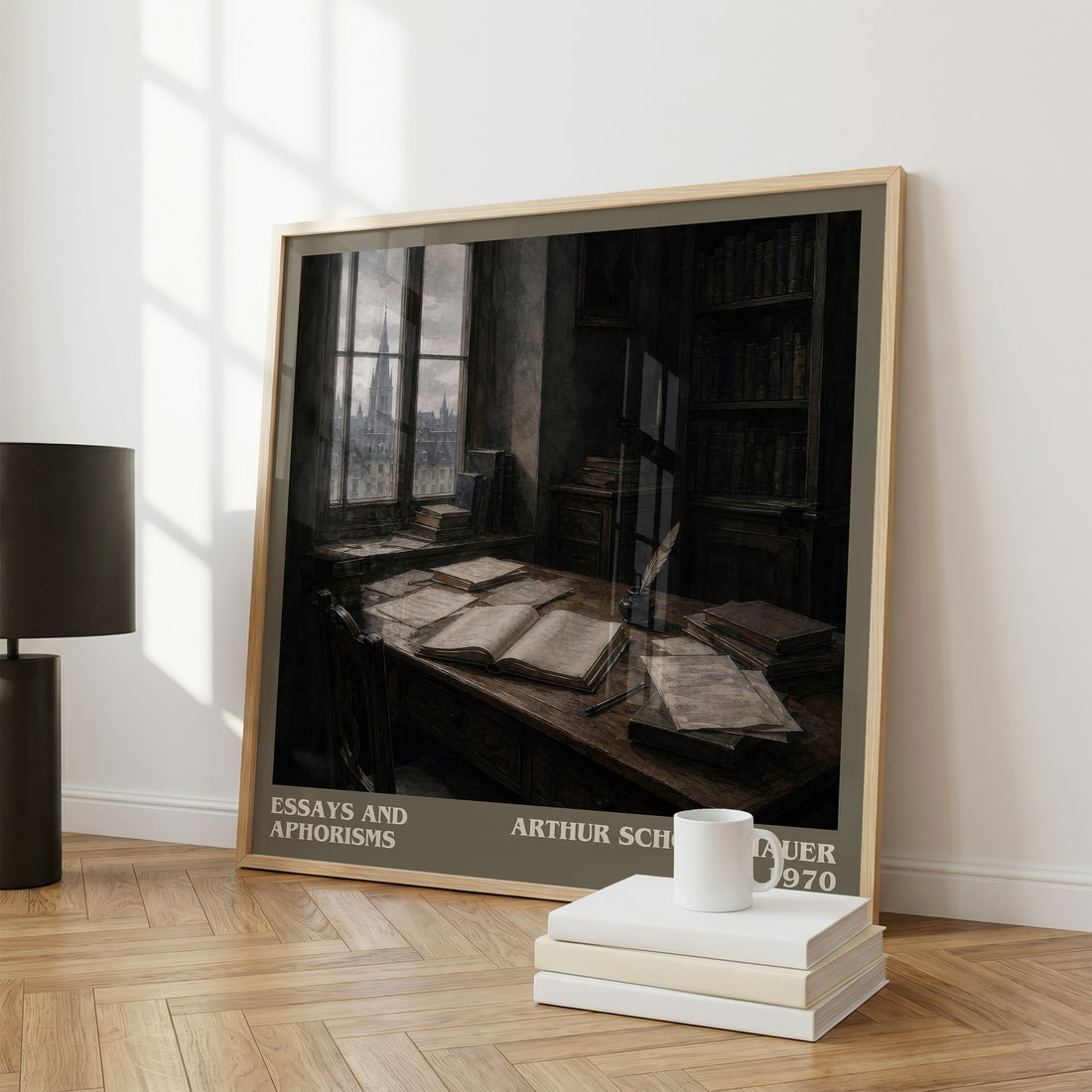 Essays and aphorisms literary print framed by window – literary home decor