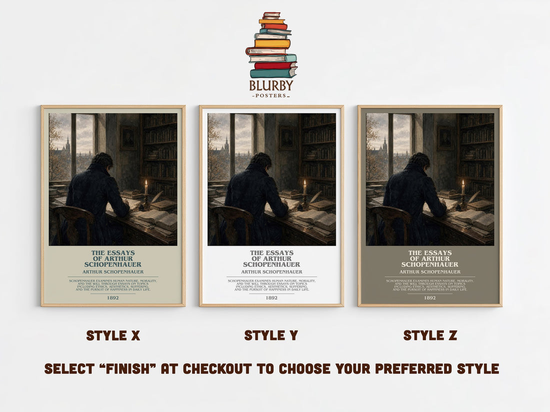 The Essays Of Arthur Schopenhauer bookish print in frame leaning in hallway – philosophy wall art (mockup)