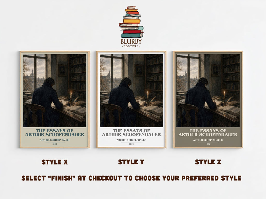The Essays Of Arthur Schopenhauer book cover print in frame leaning in hallway – philosophy wall art (mockup)