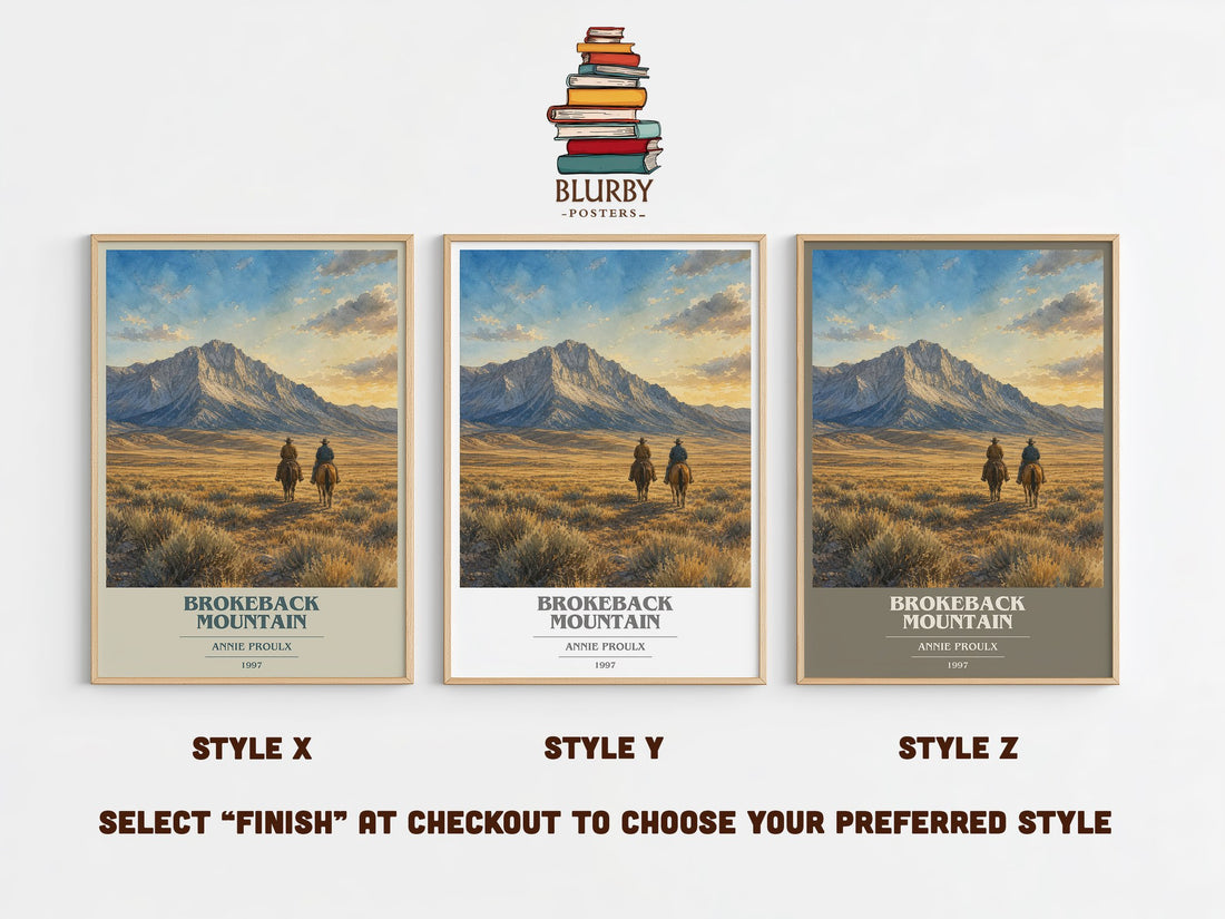 Brokeback Mountain book cover print in frame leaning in hallway – literary fiction wall art (mockup)