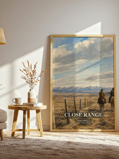 Close Range watercolour print in frame leaning in hallway – literary fiction wall art