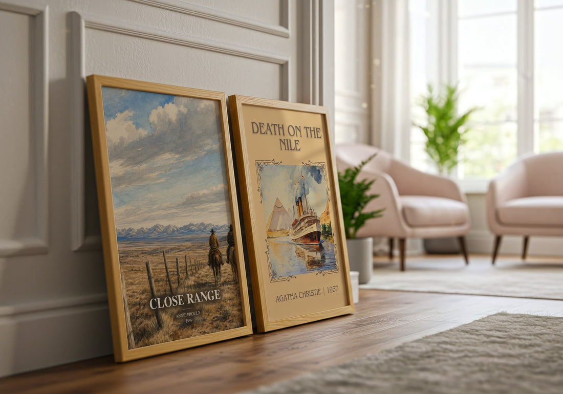 Close Range watercolour print framed by window – literary home decor