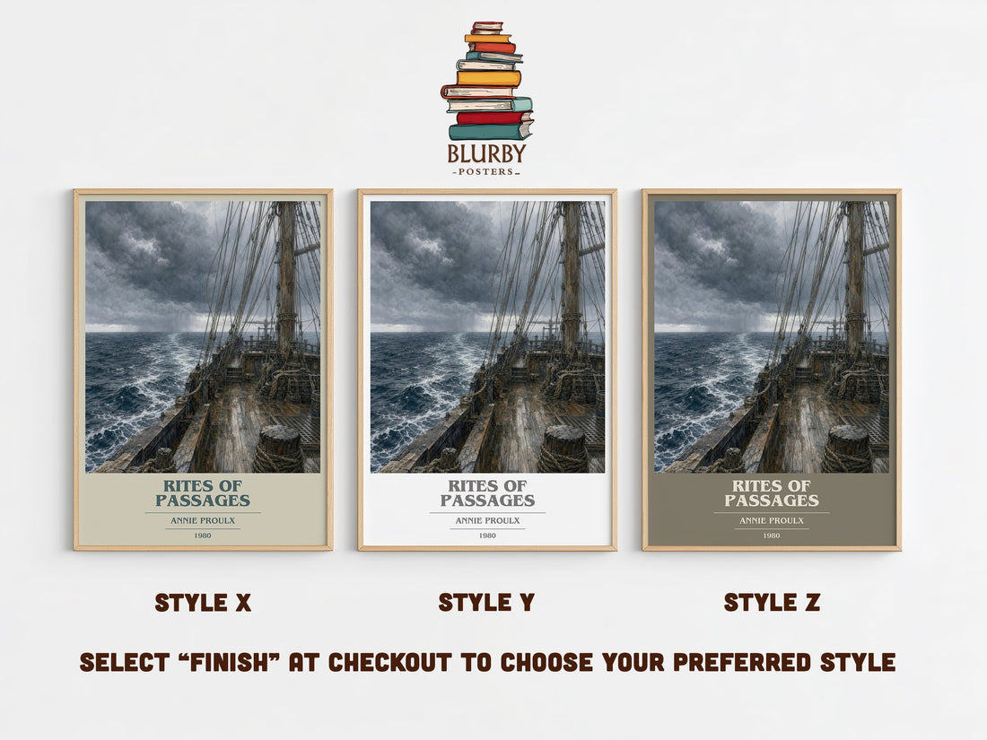 Rites of passages book cover print in frame leaning in hallway – literary fiction wall art (mockup)