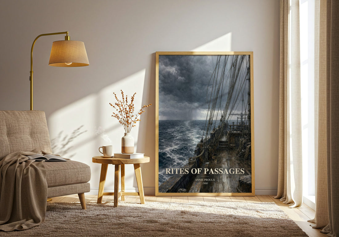 Rites of passages watercolour print in frame leaning in hallway – literary fiction wall art