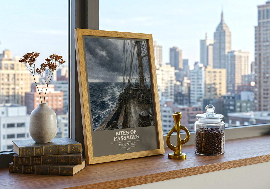 Rites of passages book cover print framed by window – literary home decor