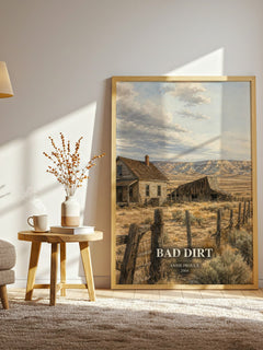 Bad Dirt watercolour print in frame leaning in hallway – literary fiction wall art