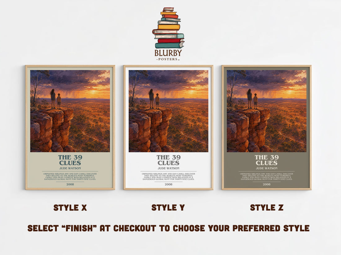 The 39 Clues bookish print in frame leaning in hallway – adventure wall art (mockup)