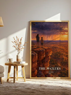 The 39 Clues watercolour print in frame leaning in hallway – adventure wall art