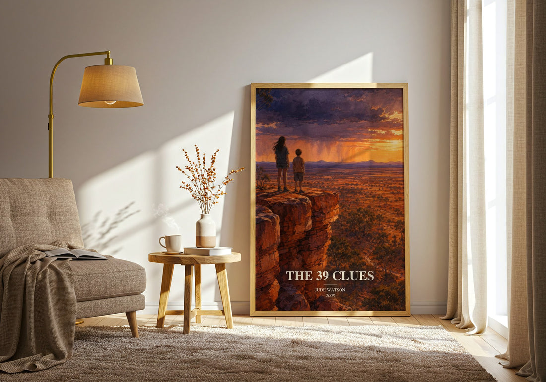 The 39 Clues watercolour print in frame leaning in hallway – adventure wall art