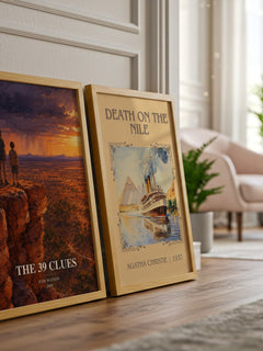 The 39 Clues watercolour print framed by window – literary home decor