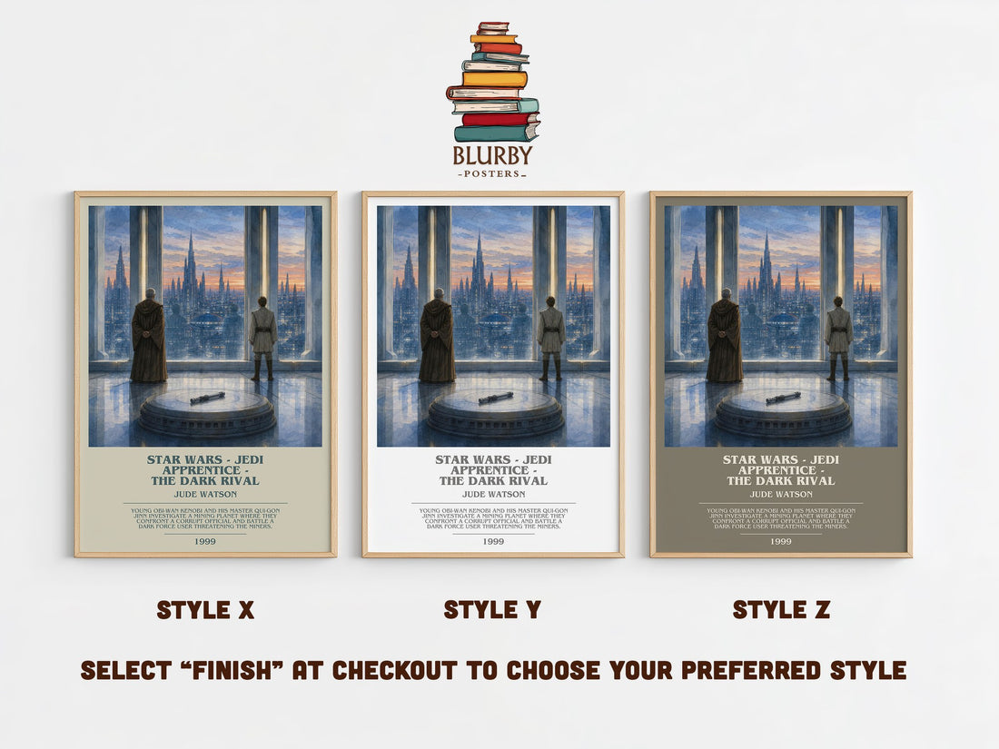 Star Wars - Jedi Apprentice - The Dark Rival bookish print in frame leaning in hallway – sci fi wall art (mockup)