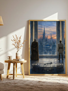Star Wars - Jedi Apprentice - The Dark Rival watercolour print in frame leaning in hallway – sci fi wall art