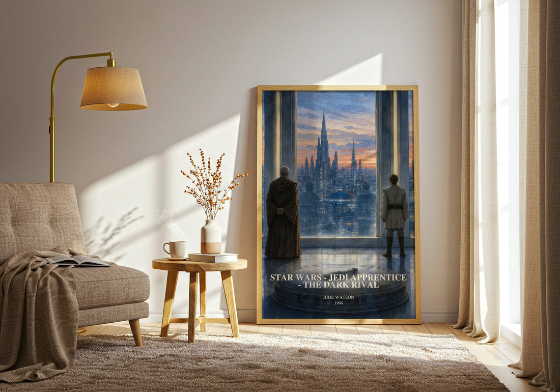 Star Wars - Jedi Apprentice - The Dark Rival watercolour print in frame leaning in hallway – sci fi wall art