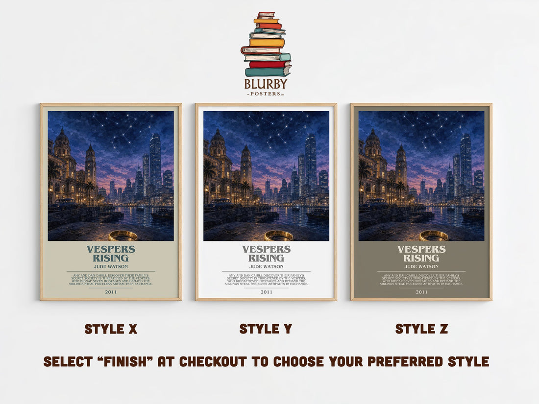 Vespers Rising bookish print in frame leaning in hallway – adventure wall art (mockup)