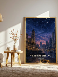 Vespers Rising watercolour print in frame leaning in hallway – adventure wall art