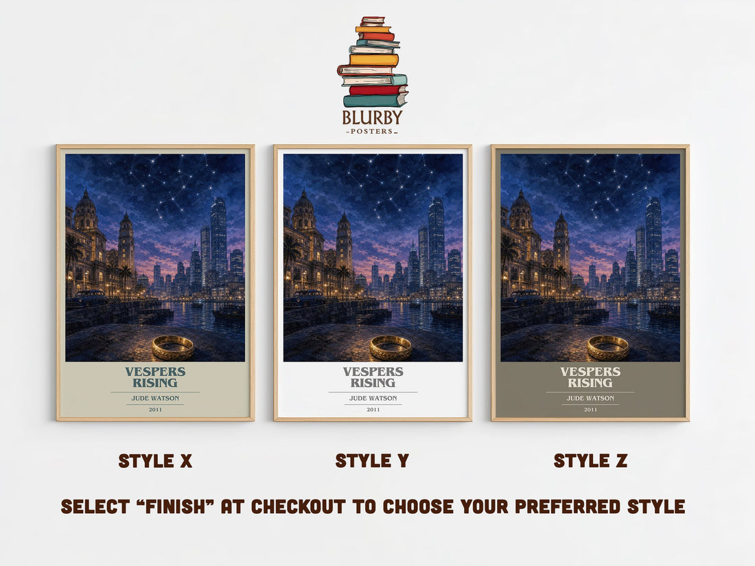 Vespers Rising book cover print in frame leaning in hallway – adventure wall art (mockup)