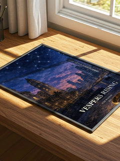Vespers Rising watercolour book poster framed on wall – adventure wall art