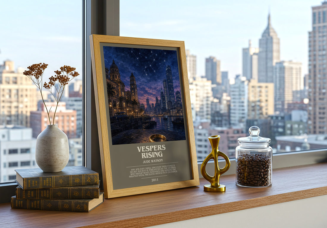 Vespers Rising bookish print framed by window – literary home decor