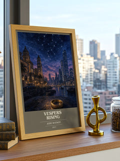 Vespers Rising book cover print framed by window – literary home decor