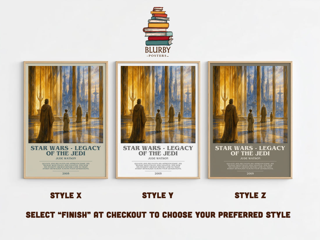 Star Wars - Legacy of the Jedi bookish print in frame leaning in hallway – sci fi wall art (mockup)