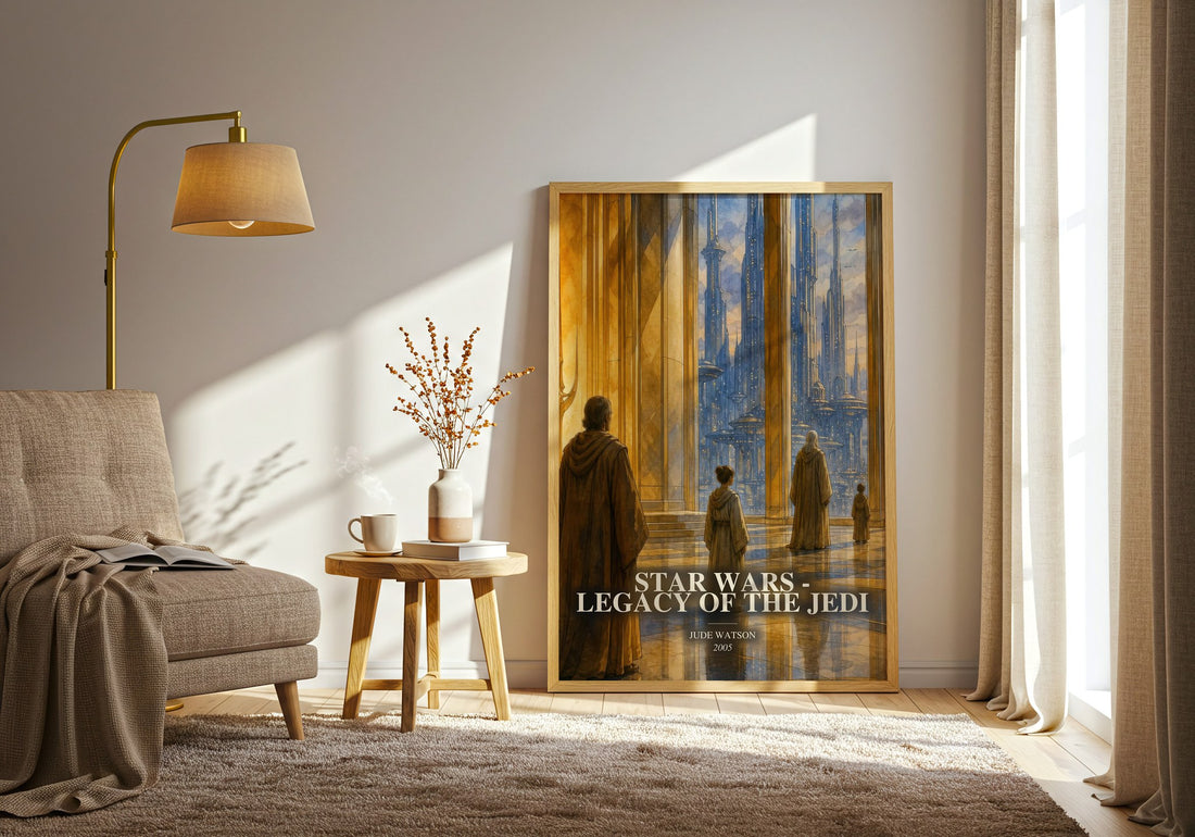 Star Wars - Legacy of the Jedi watercolour print in frame leaning in hallway – sci fi wall art