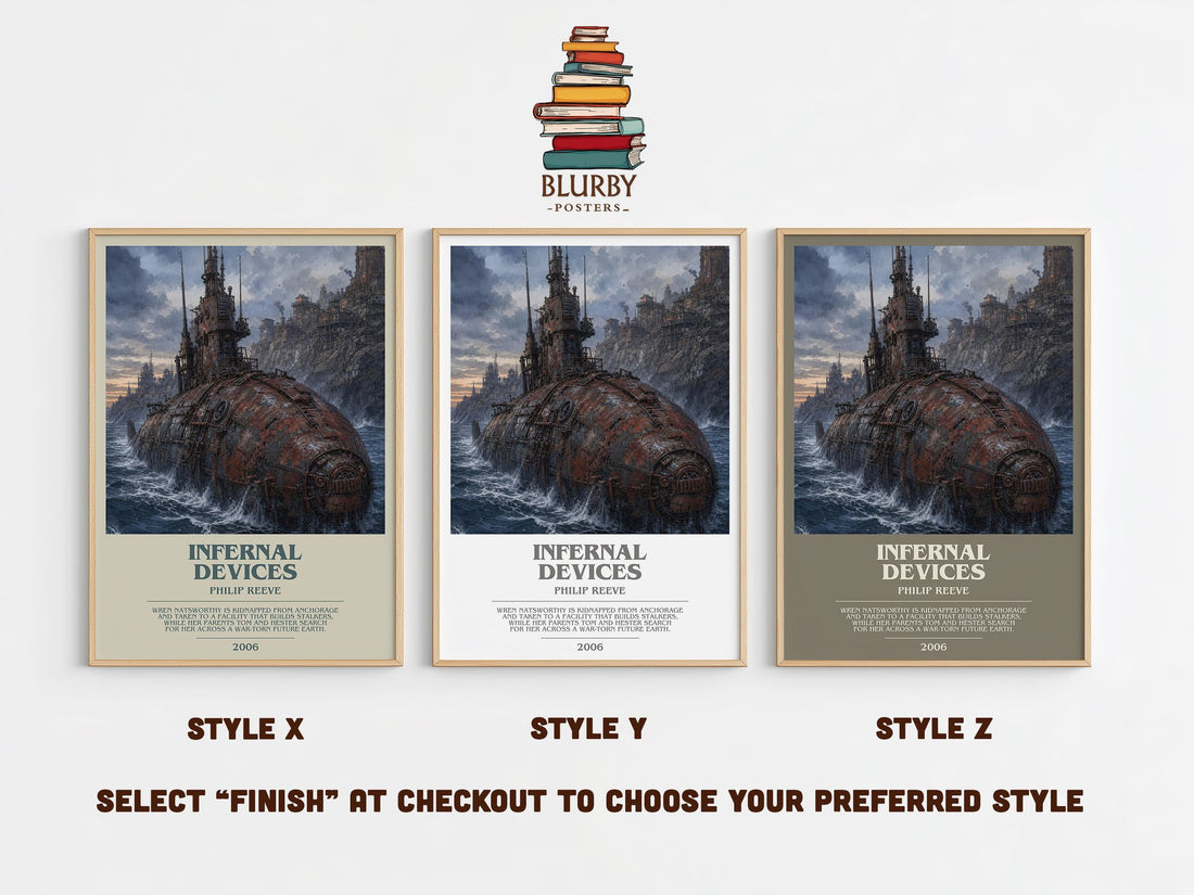 Infernal devices bookish print in frame leaning in hallway – young adult wall art (mockup)