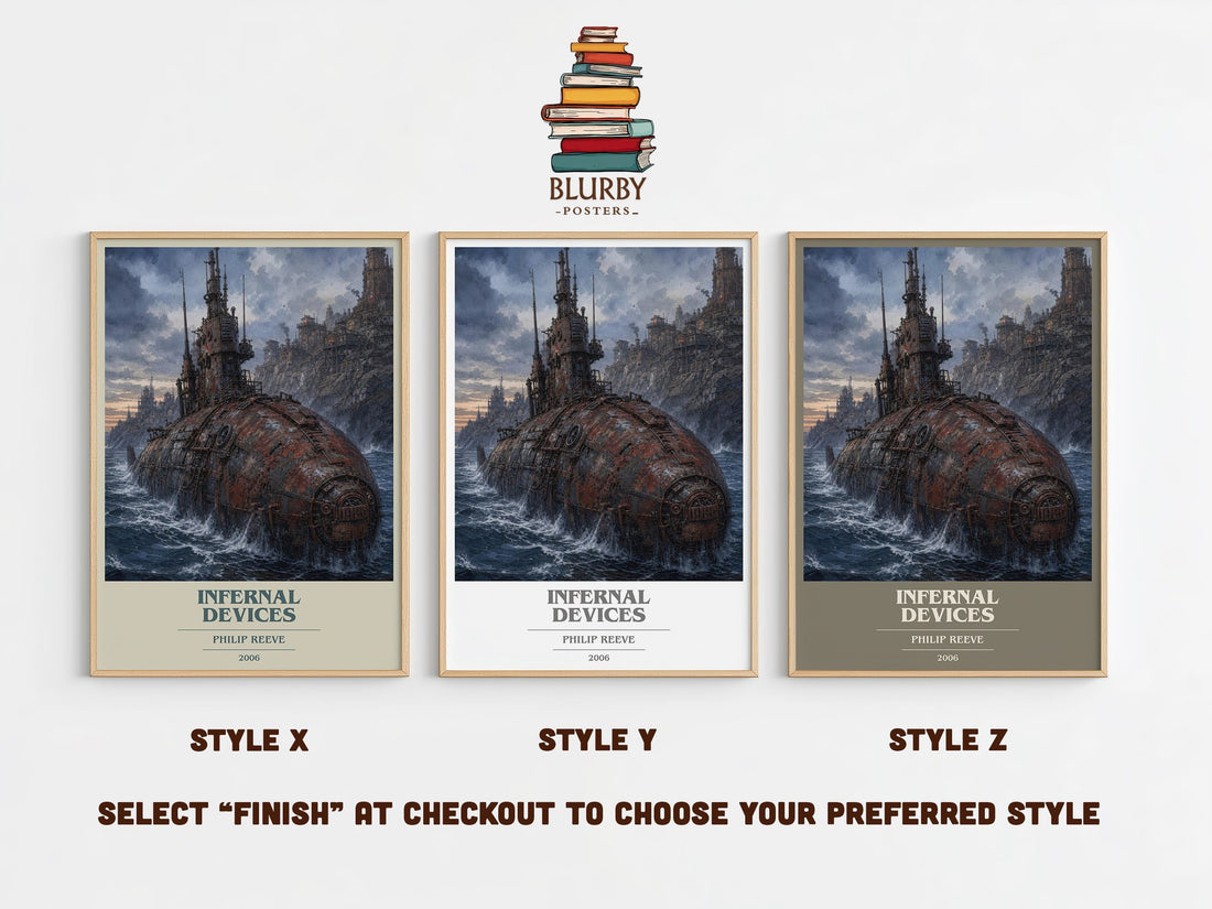 Infernal devices book cover print in frame leaning in hallway – young adult wall art (mockup)