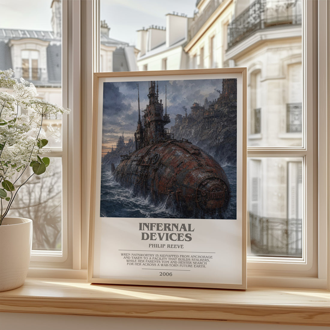 Infernal devices Bookish Wall Art by Philip Reeve – framed print by a bright window