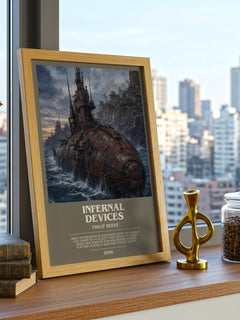 Infernal devices Bookish Wall Art by Philip Reeve – framed print on a city-view windowsill