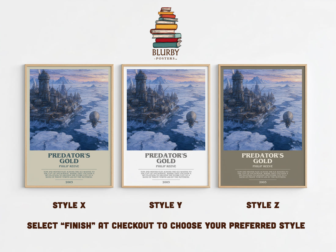 Predator's Gold bookish print in frame leaning in hallway – sci fi wall art (mockup)