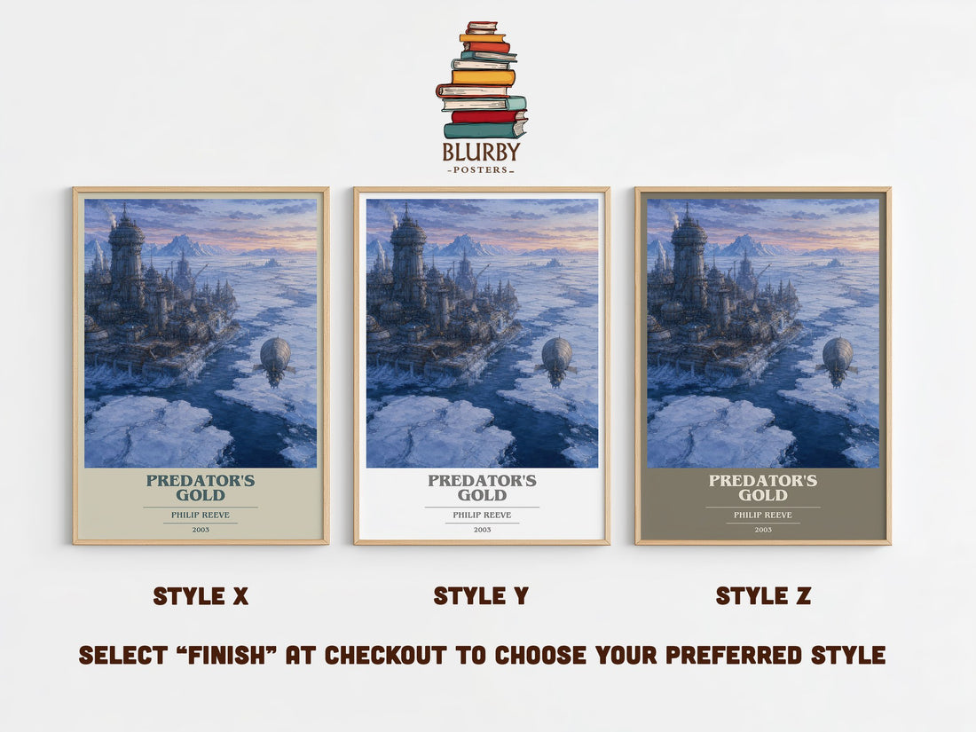 Predator's Gold book cover print in frame leaning in hallway – sci fi wall art (mockup)