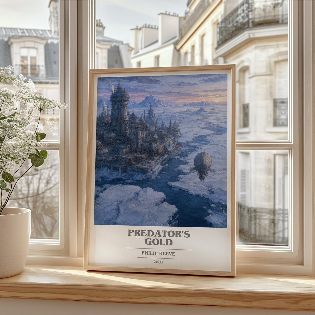 Predator's Gold Book Cover Poster by Philip Reeve – framed print by a bright window