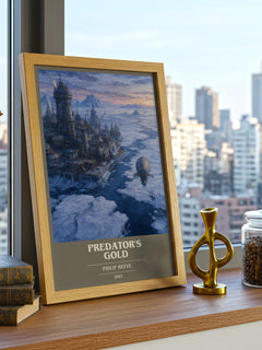 Predator's Gold Book Cover Poster by Philip Reeve – framed print on a city-view windowsill