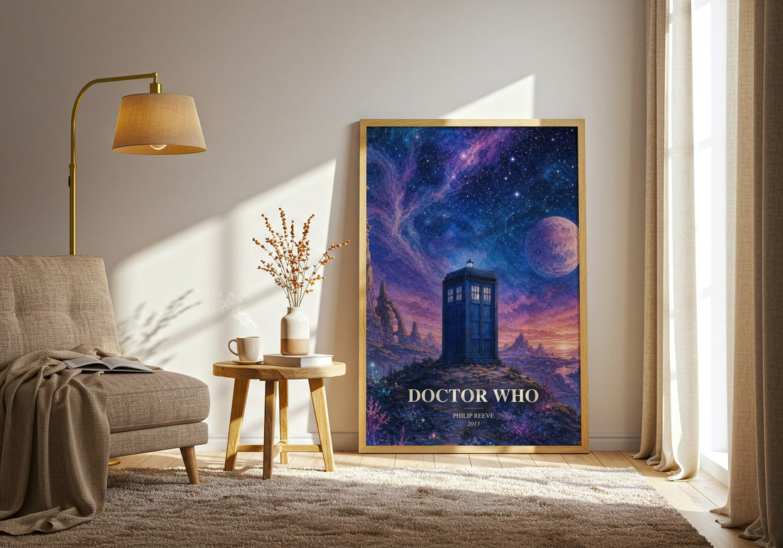 Doctor Who watercolour print in frame leaning in hallway – sci fi wall art