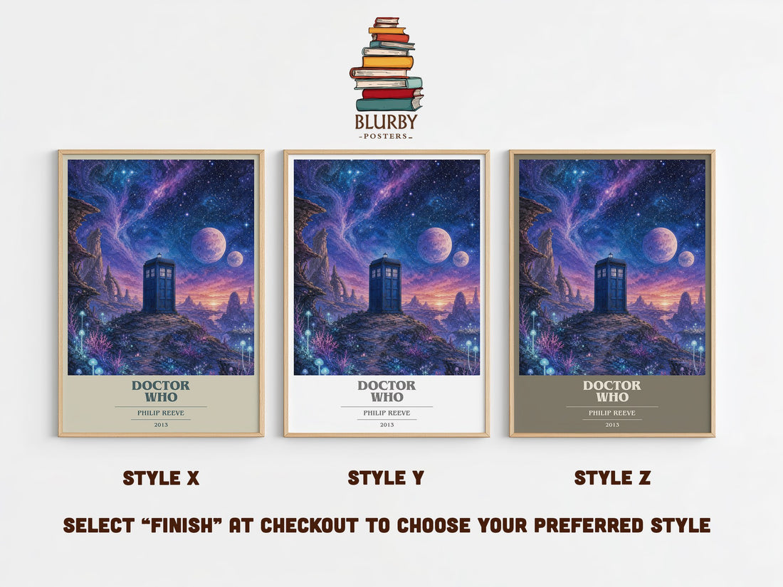 Doctor Who book cover print in frame leaning in hallway – sci fi wall art (mockup)