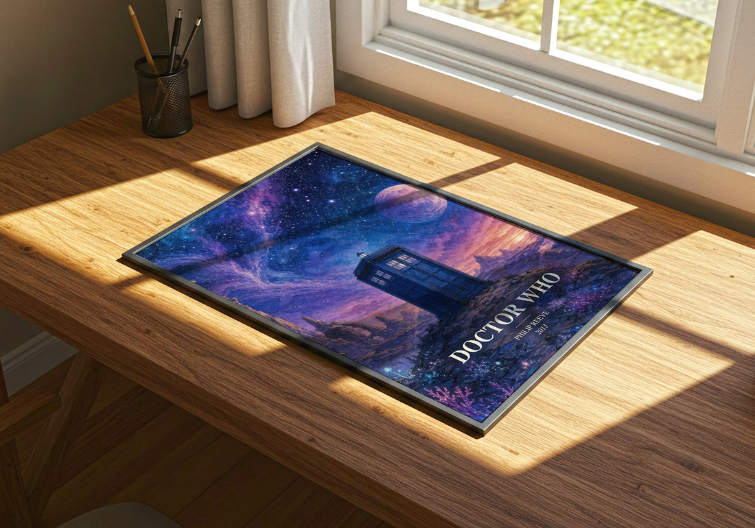 Doctor Who watercolour book poster framed on wall – sci fi wall art