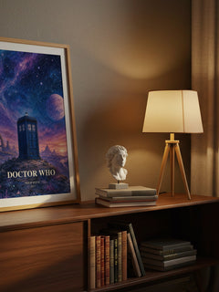 Doctor Who watercolour print on bookshelf – Philip Reeve fan gift