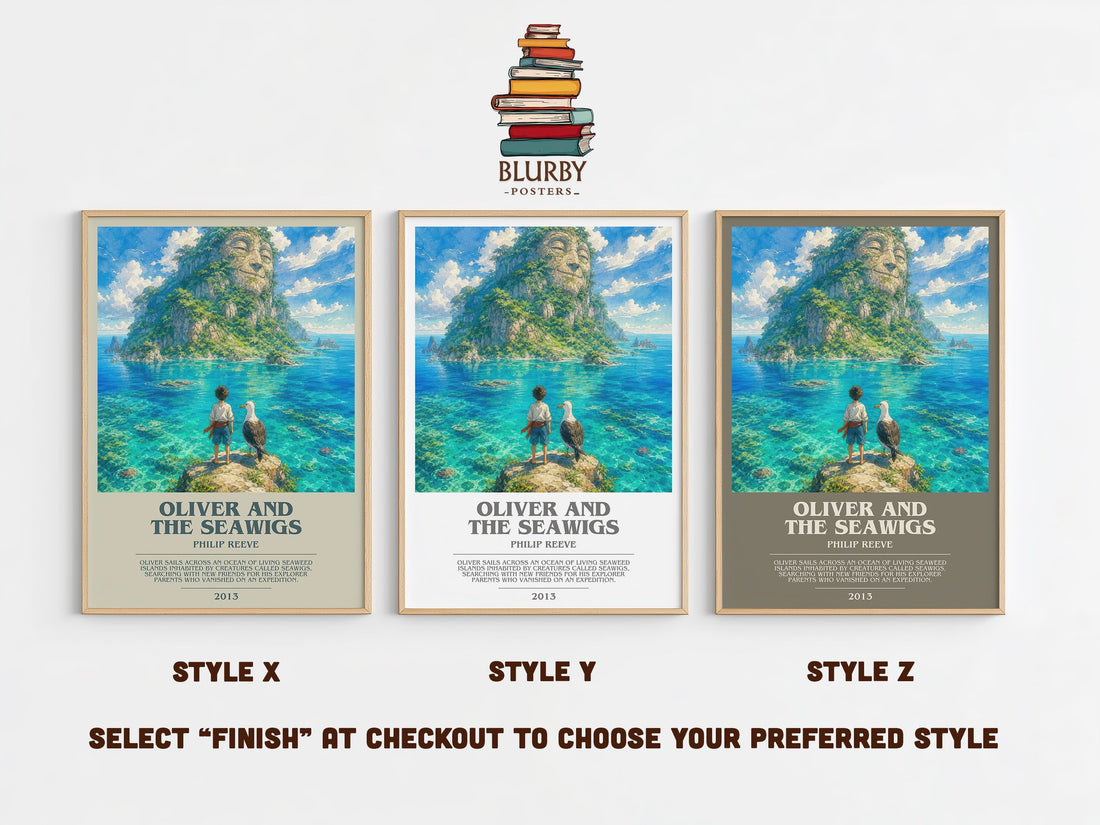 Oliver And The Seawigs bookish print in frame leaning in hallway – childrens wall art (mockup)