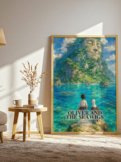 Oliver And The Seawigs watercolour print in frame leaning in hallway – childrens wall art