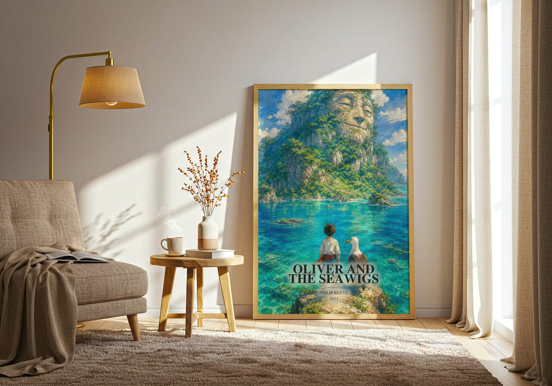 Oliver And The Seawigs watercolour print in frame leaning in hallway – childrens wall art