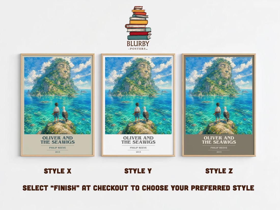 Oliver And The Seawigs book cover print in frame leaning in hallway – childrens wall art (mockup)