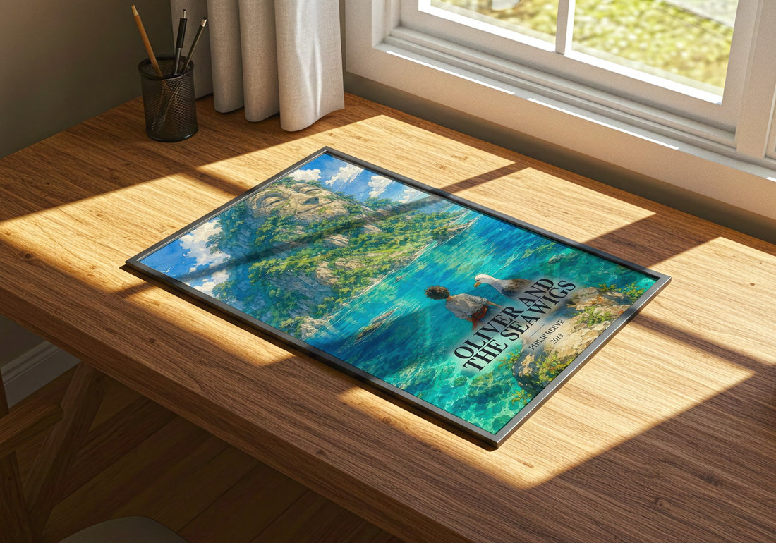Oliver And The Seawigs watercolour book poster framed on wall – childrens wall art
