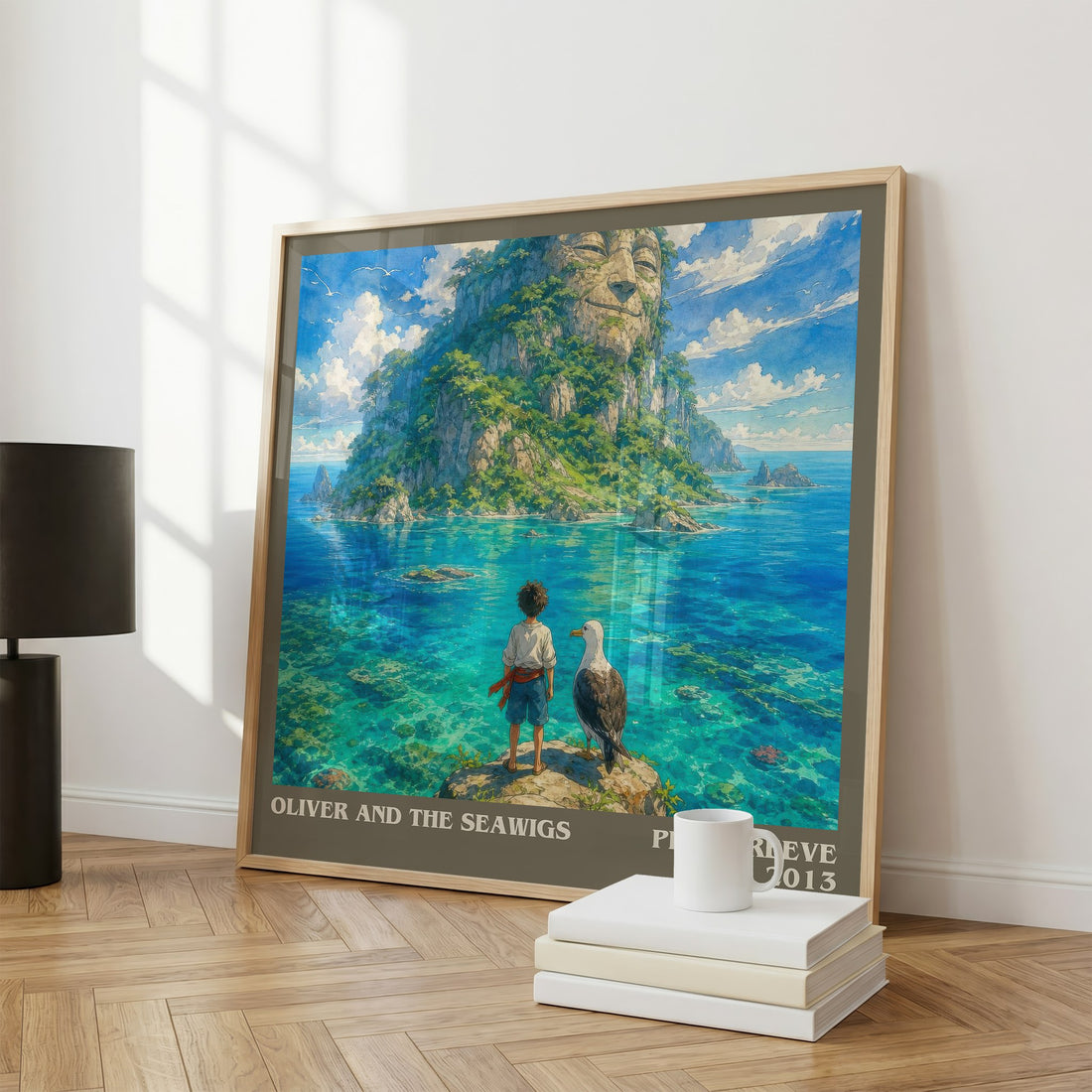 Oliver And The Seawigs Literary Art Print by Philip Reeve – large square framed print leaning against a wall
