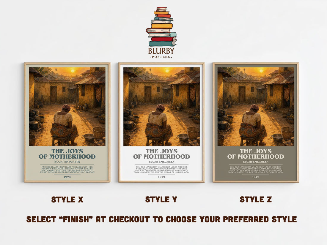 The Joys of Motherhood bookish print in frame leaning in hallway – literary fiction wall art (mockup)