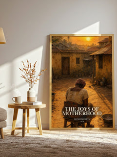 The Joys of Motherhood watercolour print in frame leaning in hallway – literary fiction wall art