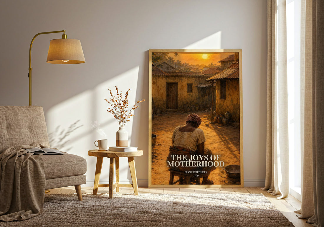 The Joys of Motherhood watercolour print in frame leaning in hallway – literary fiction wall art