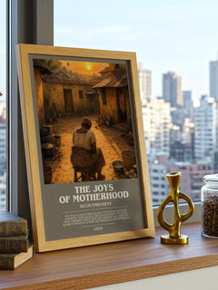 The Joys of Motherhood bookish print framed by window – literary home decor