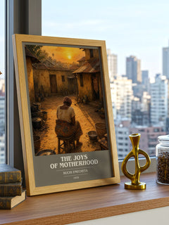 The Joys of Motherhood book cover print framed by window – literary home decor