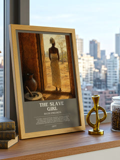 The slave girl Bookish Wall Art by Buchi Emecheta – framed print on a city-view windowsill
